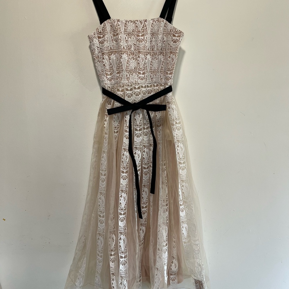 Anthropologie Vintage White Lace Dress with a black bow belt